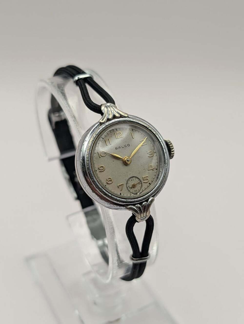 1940s Balco Silver-Tone Mechanical Ladies Watch, Black Cord Strap Small Seconds